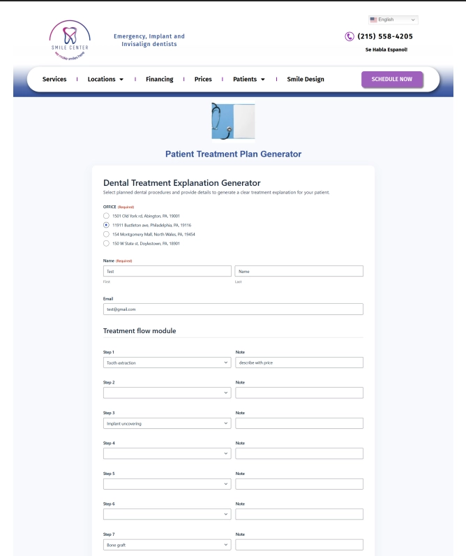 Smile Center Dental treatment plan form